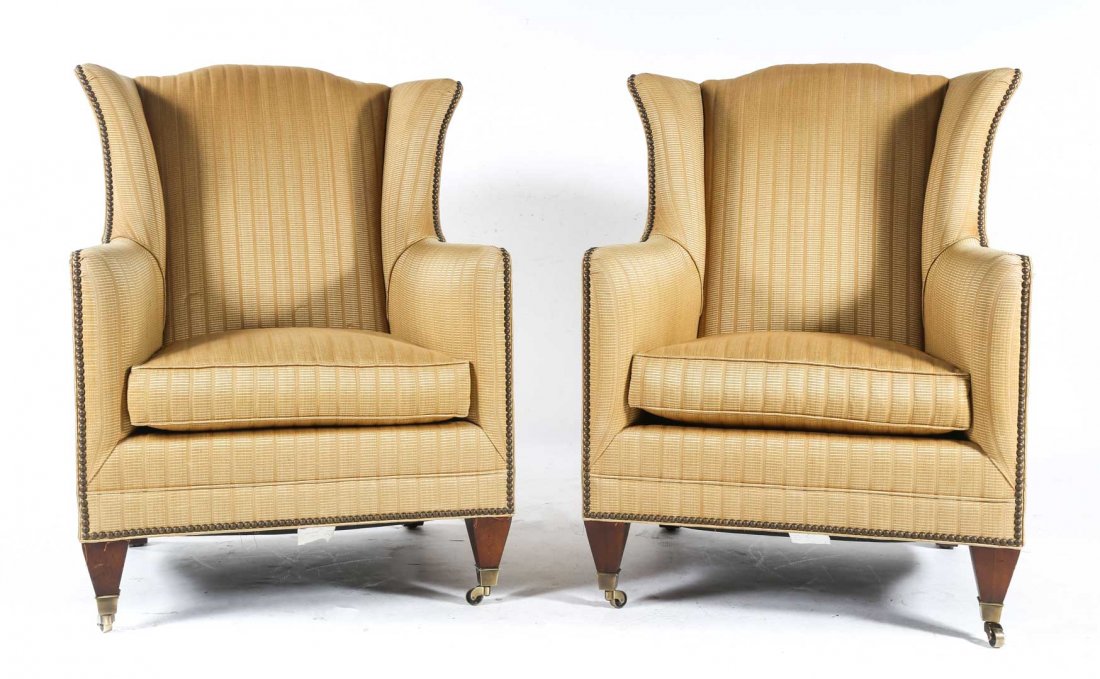 Pair of Henredon upholstered armchairs: gold upholstery, 40 in. H., 29 in. W.