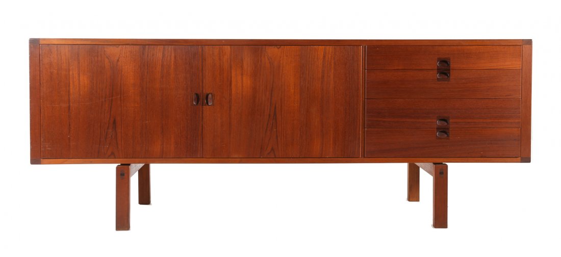 Danish modern teakwood credenza: in the manner of Kofod Larsen, 28 in. H., 74 in. W., 18 in. D.