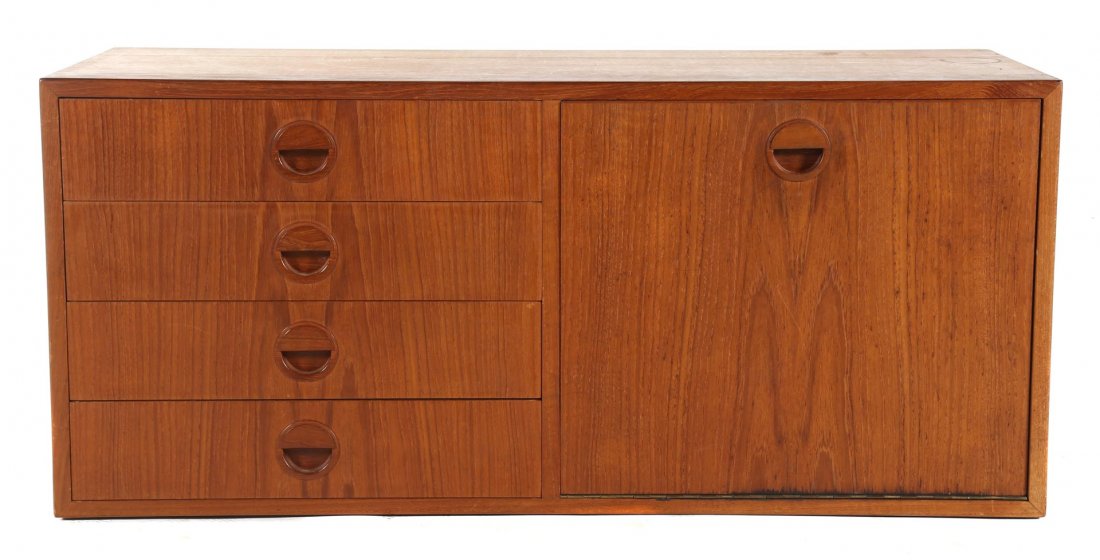 Hansen & Guldborg teakwood hanging desk: with fall-front door and four drawers, stamped on verso, 16 in. H., 35 in. W., 12 in. D.