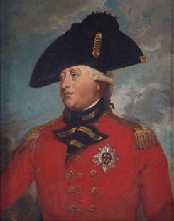 After Sir William Beechey. "King George III," oil: Late 19th century copy after the original in the National Portrait Gallery in London, 12 x 9 1/2 in., framed