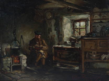 Allan Ramsay II. Man Reading in an Interior, oil: (British, 1852-1912). Oil on panel, signed and dated "Allan Ramsey, 1878" lr, 11 1/2 x 14 1/2 in., framed