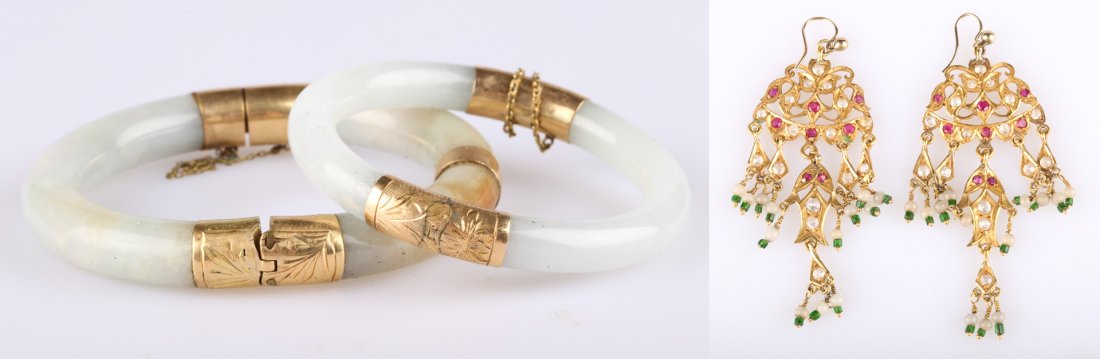 A Pair of Jade & Gold Bangles with Indian Earrings (1 of 7)