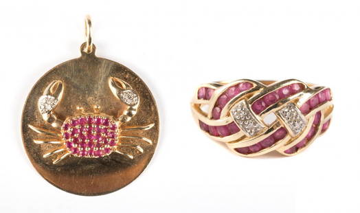 A Simon Brothers Ruby & Diamond Crab Pendant: 14K gold crab pendant decorated with rubies and diamonds, 1 5/8 in. L., together with a 10K gold and ruby ring with diamond accents, size 7 3/4, 14 grams t.w.