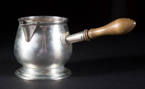 George II silver sauce pan: with wood side lift handle, William Grundy, London, 1745-46, 3 5/8 in. H., 3 1/4 in. Diam.