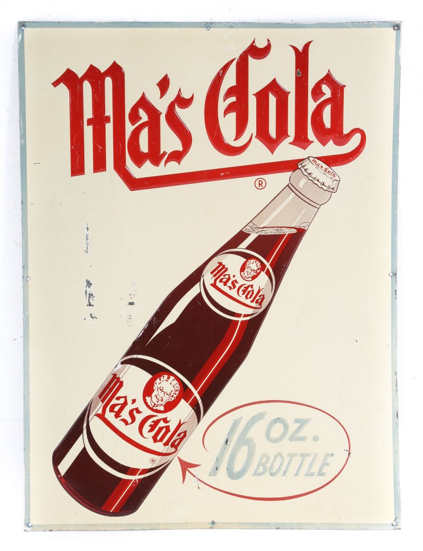Ma's Cola lithographed tin sign: 1950s or 1960s; 32 in. H., 23 in. W.