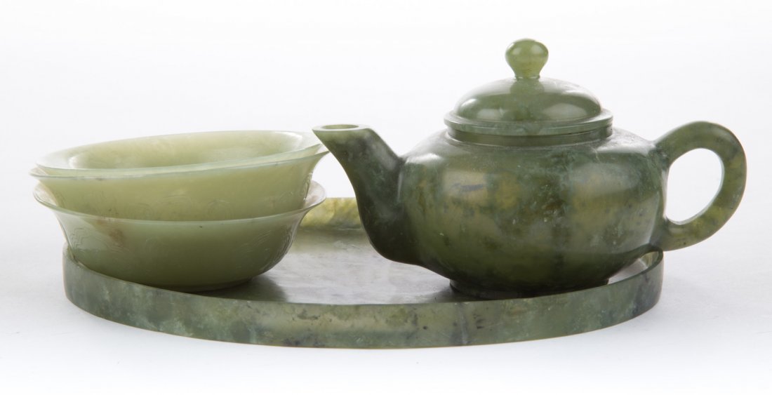 Chinese carved jade miniature tea set (1 of 2)