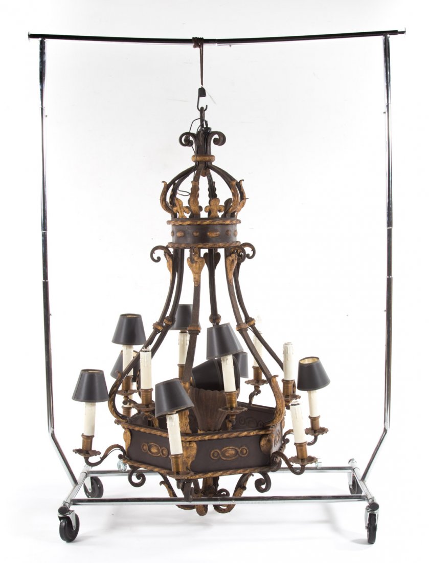 Continental style wrought iron and tole chandelier (1 of 4)