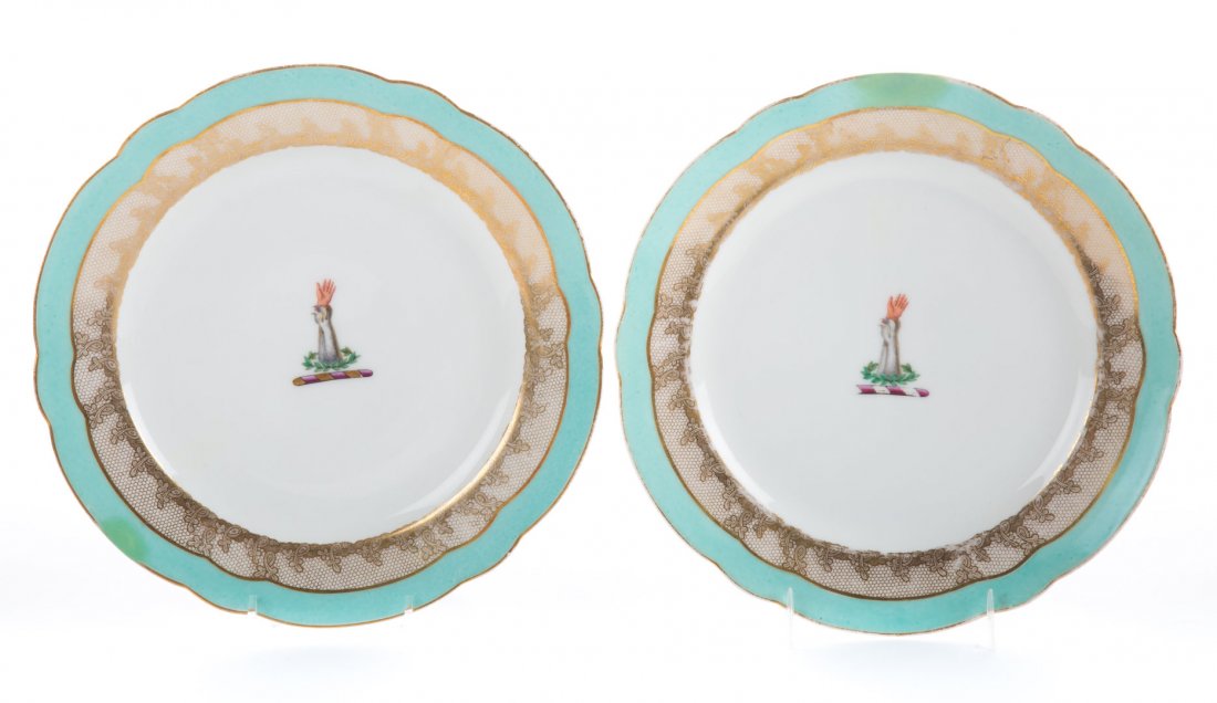 Pair rare Paris Porcelain armorial plates: circa 1820; aqua border, bearing the arms of "Alex Brown" of Baltimore, Maryland, 9 in. Diam.