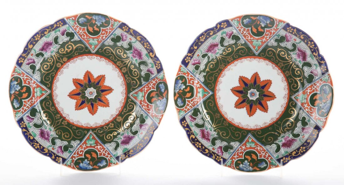 Pair Mason's ironstone dinner plates: circa 1820s; floral decoration, with unusual stamp mark of " I Allsup No. 16 St. Pauls Church Yard London," 9 in. Diam.