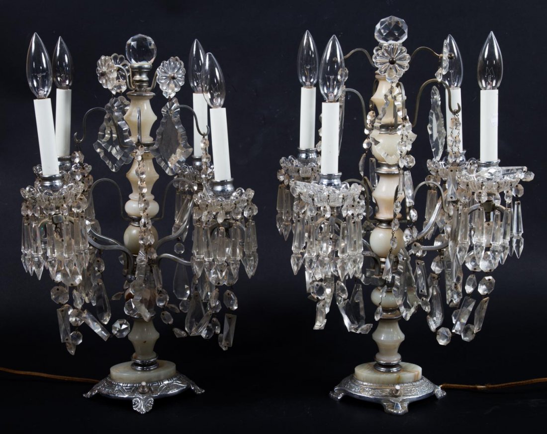 Pair silvered metal and onyx 4-light candelabra (1 of 4)