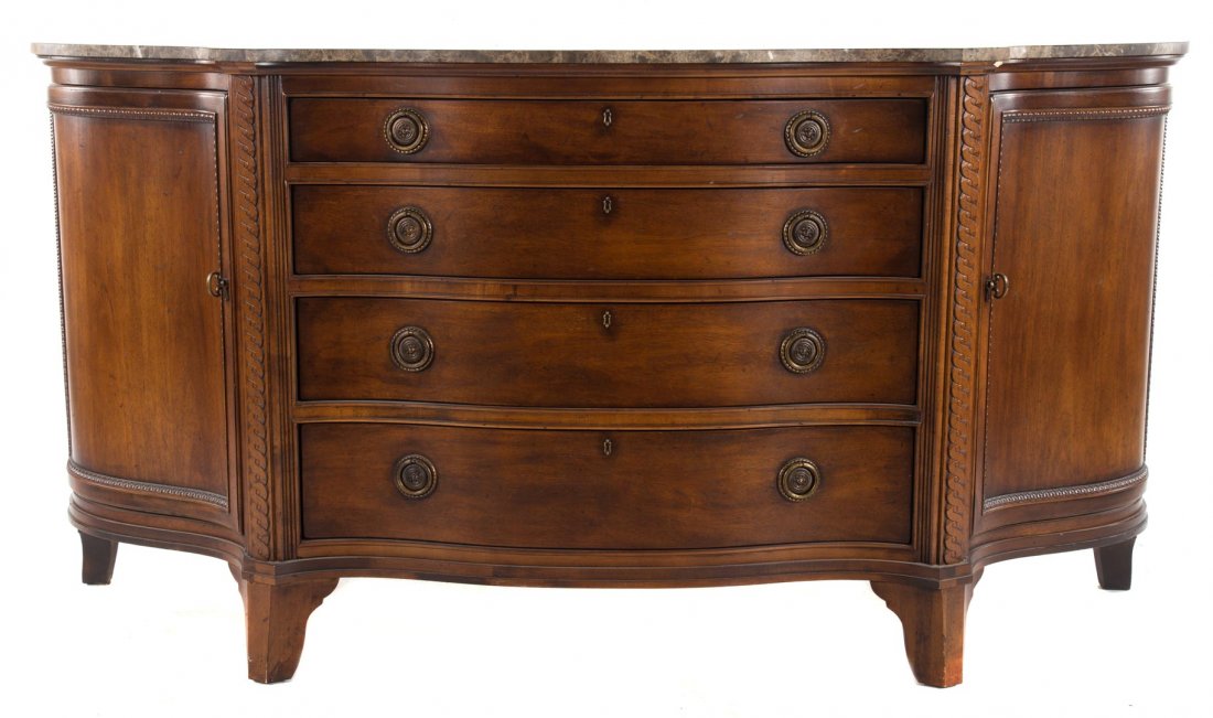 George III style stained cherry serving board: Century, brown variegated marble top, serpentine front, four graduated long drawers in center with double side compartments enclosed by shaped panel doors, 38 1/2 in. H., 76 1/2 in. L., 21 1/4 in. D.