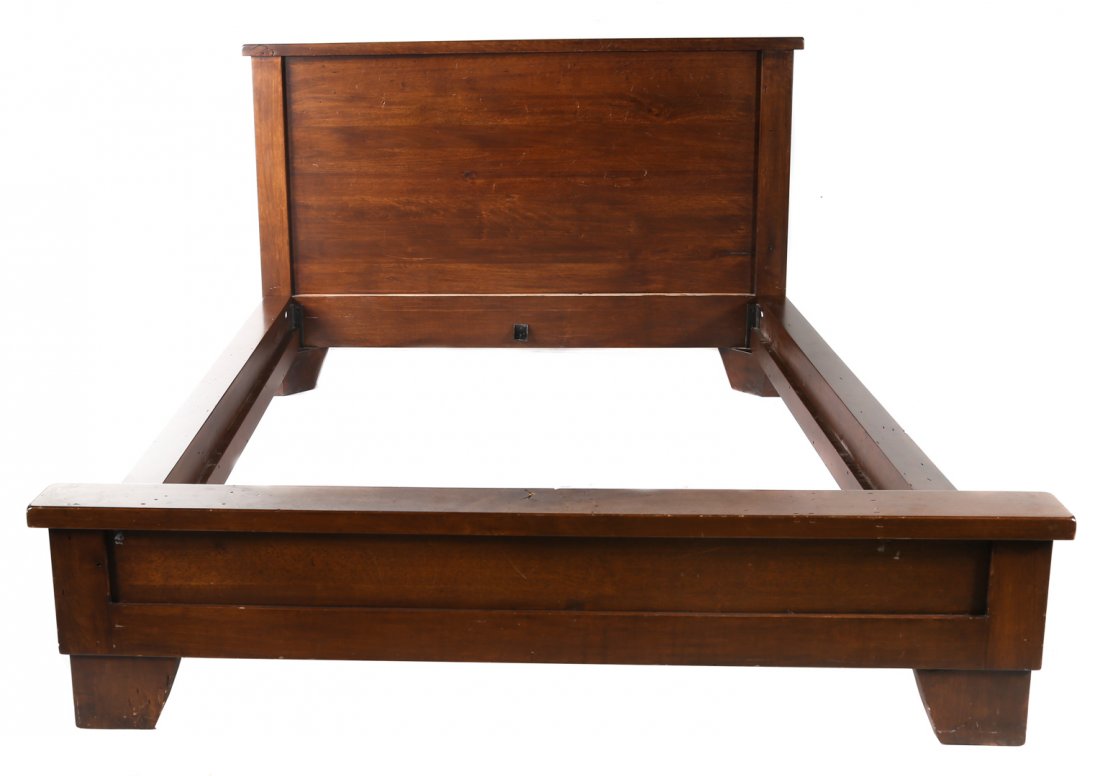 Contemporary walnut queen bedstead: plain paneled head and footboard, 47 in. H., 70 1/2 in. W.
