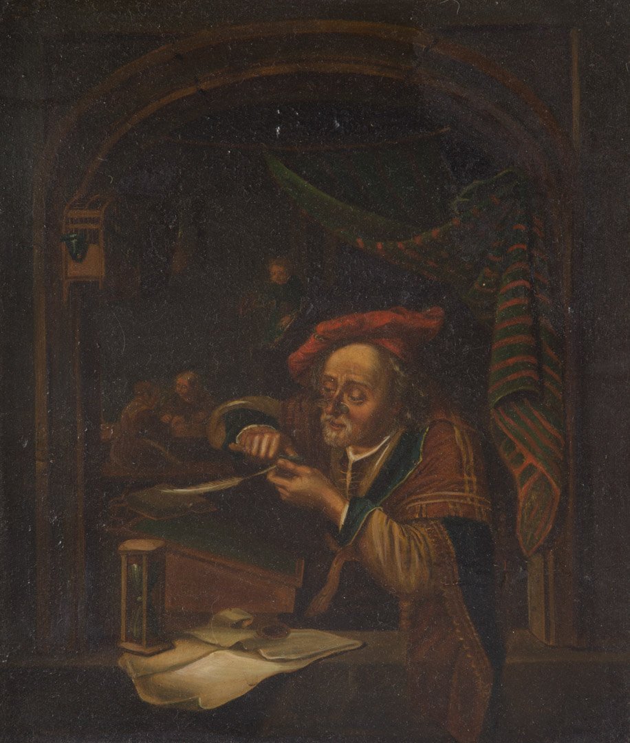 Dutch School, 19th c. The Quill Maker, oil: Oil on copper, unsigned, 9 3/4 x 8 1/4 in., framed