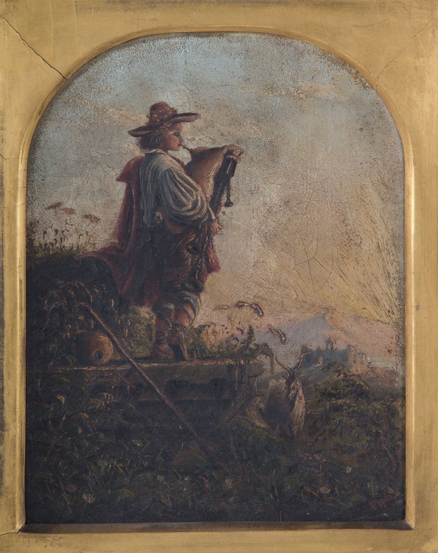 Continental School, 19th c. Bagpiper, oil: oil on canvas, unsigned, 12 x 9 in., framed