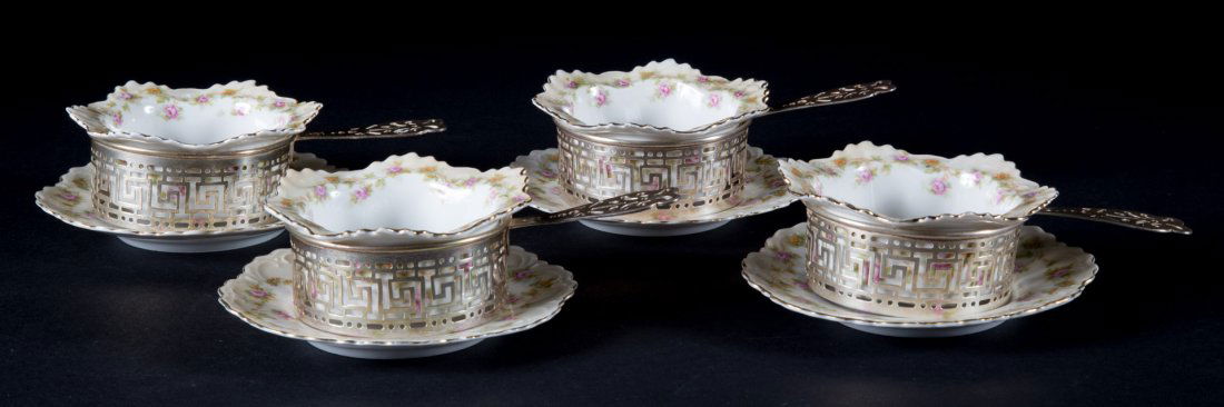 4 American sterling silver custard cup holders: A. Stowell, Baltimore, with Austrian porcelain custard cups and underplates by Moritz Zdekauer, first quarter - 20th century, 5.10 ozt. of silver