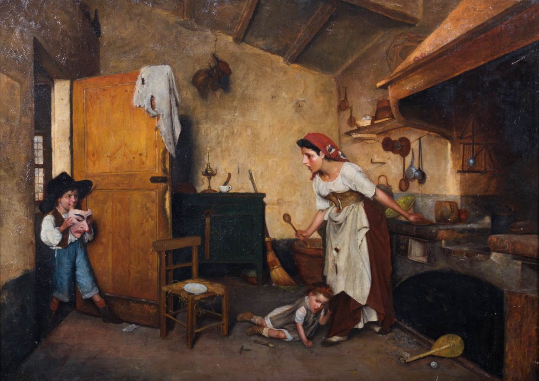 Continental, 19th c. Spooking His Sister, oil (1 of 3)