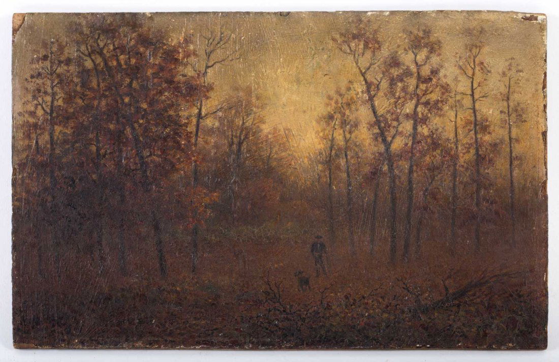 C.D. Spangler. Man with Dog in Forest, oil (1 of 4)
