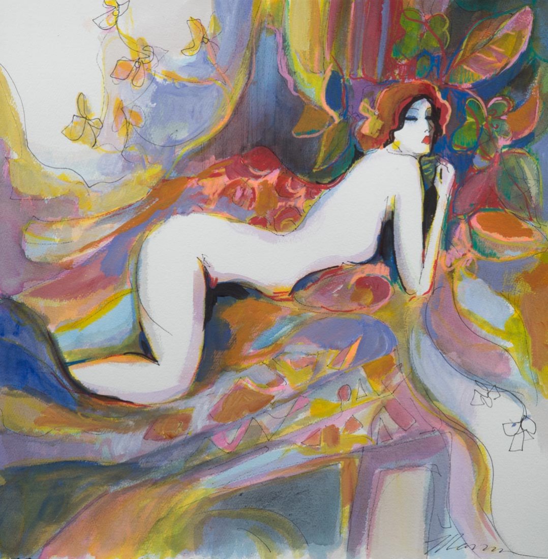 Isaac Maimon. Reclining Nude, watercolor: (French, b. 1951). Watercolor and ink on paper, signed "Maimon" lr, paper size: 20 1/2 x 20 in. framed.
