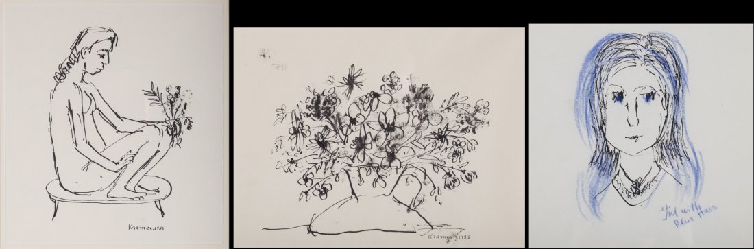Reuben Kramer. Set of Three Drawings: Reuben Robert Kramer (American, 1909-1999). 1). Portrait of a Young Girl, pen, ink, and blue crayon, titled "Girl with Blue Hair" lr, unsigned, 7 x7 in., framed. 2). Still Life with Flowers, pen and i
