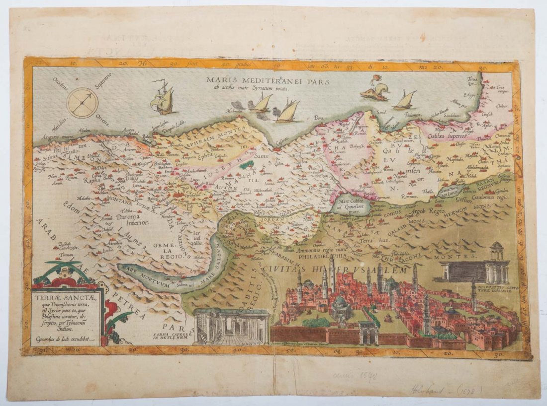 [Map] De Jode, Holy Land, 1578: Gerardus De Jode, "Terrae Sanctae, quae Promissionis terra, est Syria pars ea, quae Palaestina vocaturâ€¦" as published in SPECULUM ORBIS, sheet IX (Antwerp: 1578) engraving with hand coloring, 12