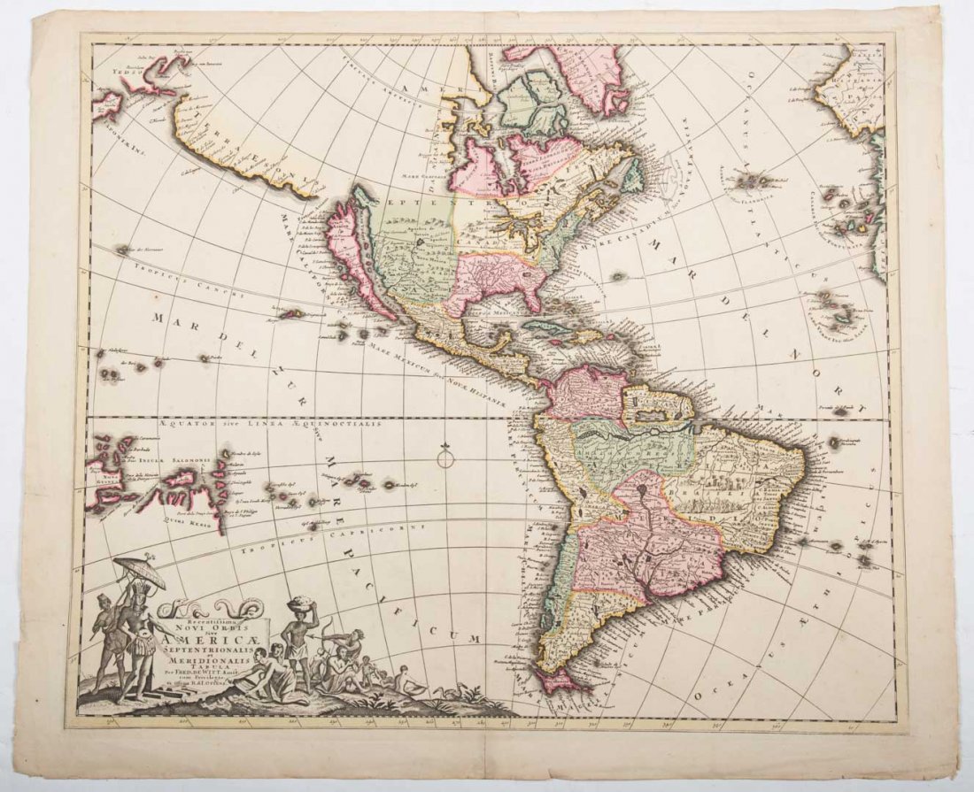 [Map] de Wit, North and South America, c.1727: Frederick de Wit and J. Danckerts (pirating each other) - "Recentissima Novi Orbis sive Americae Septentrionalis et Meridionalis Tabula" (Amsterdam: Ottens, c.1727) engraving with hand coloring, 20 X 