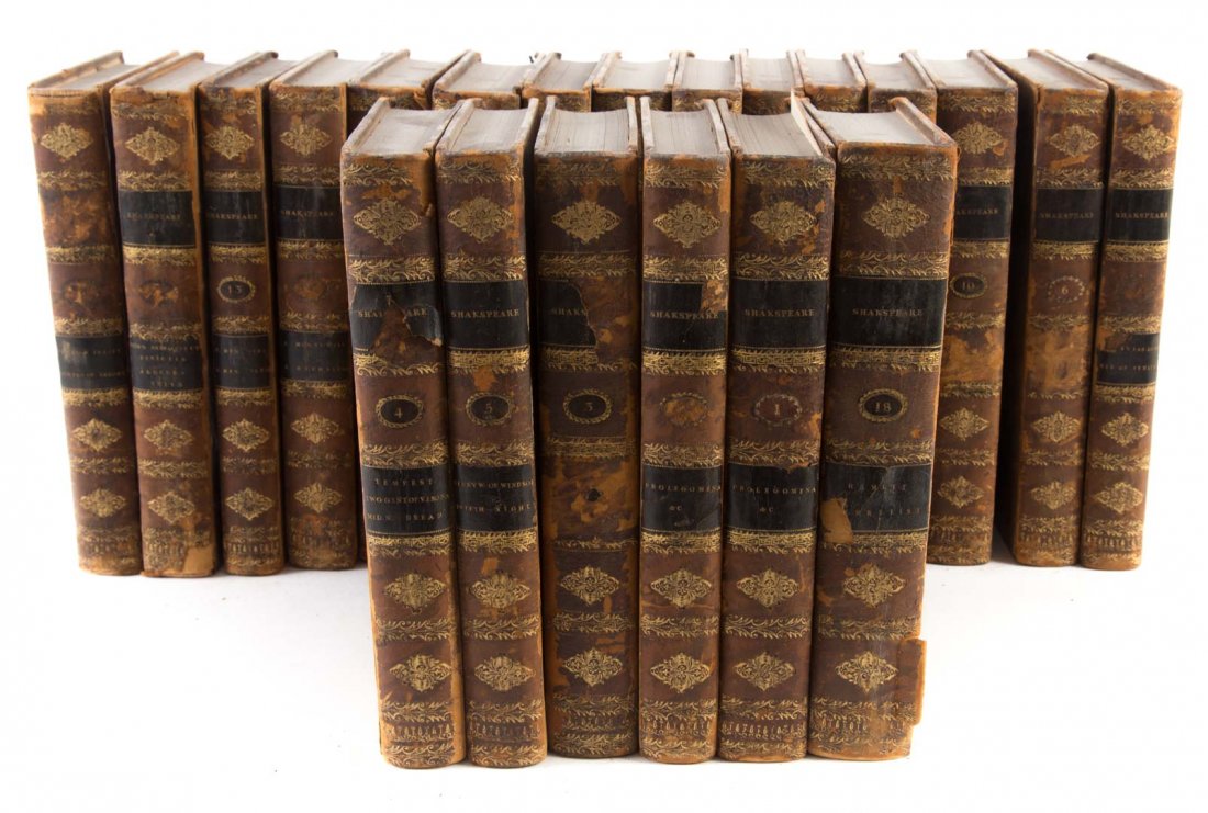 [Sets & Bindings] Shakespeare's Works, 1803: Samuel Johnson, G. Steevens, Isaac Reed, et al., eds. - THE PLAYS OF WILLIAM SHAKESPEARE 5th ed. (London: for many, 1803) 21 vols., 8vo, original tree calf