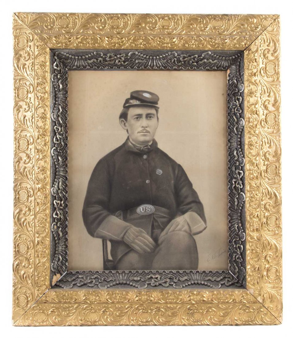 Chalk or charcoal touched photo of a young soldier: framed