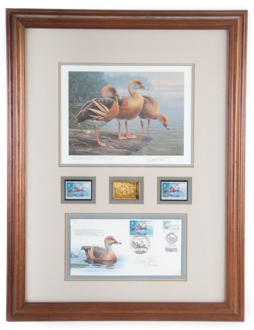 1989 Australian Wetlands and Conservation stamps: 2 stamps first day cover, gold foil stamp, and a signed print by David Smith, 1236/1275, framed