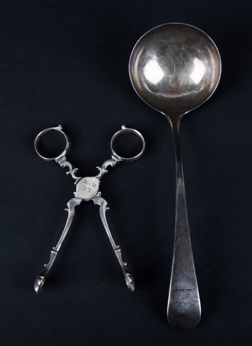 George III silver sauce ladle and sugar tongs (1 of 6)
