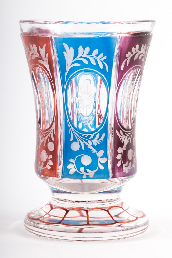 Bohemian multicolored etched-to-clear glass vase (1 of 3)