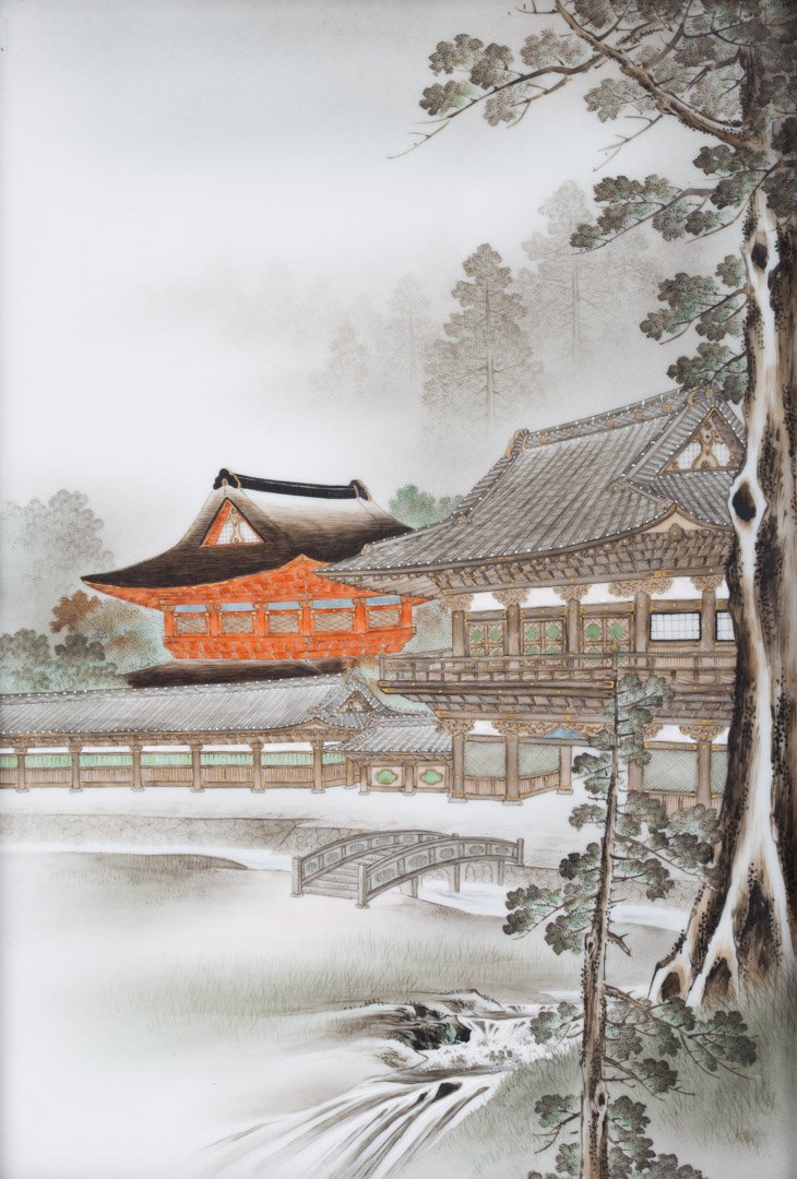 Chinese painted porcelain plaque: 20th century; possibly Republic period, exquisite porcelain panel painted in high enamel, depicting pagodas with stream by forest, in ogee wood frame, plaque - 16 x 11 in., frame - 22 1/2 x 18 in.