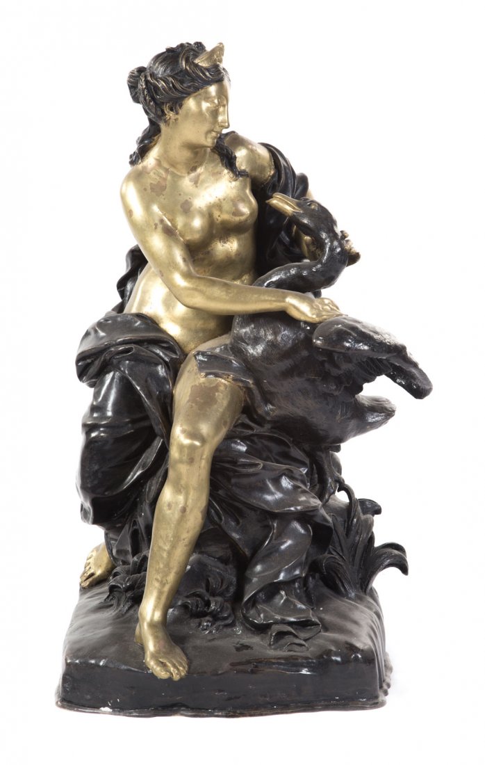 Continental Leda and the Swan bronze group: after figures from classical mythology, female nude holding swan, patinated and polished bronze, 29 1/2 in. H.
