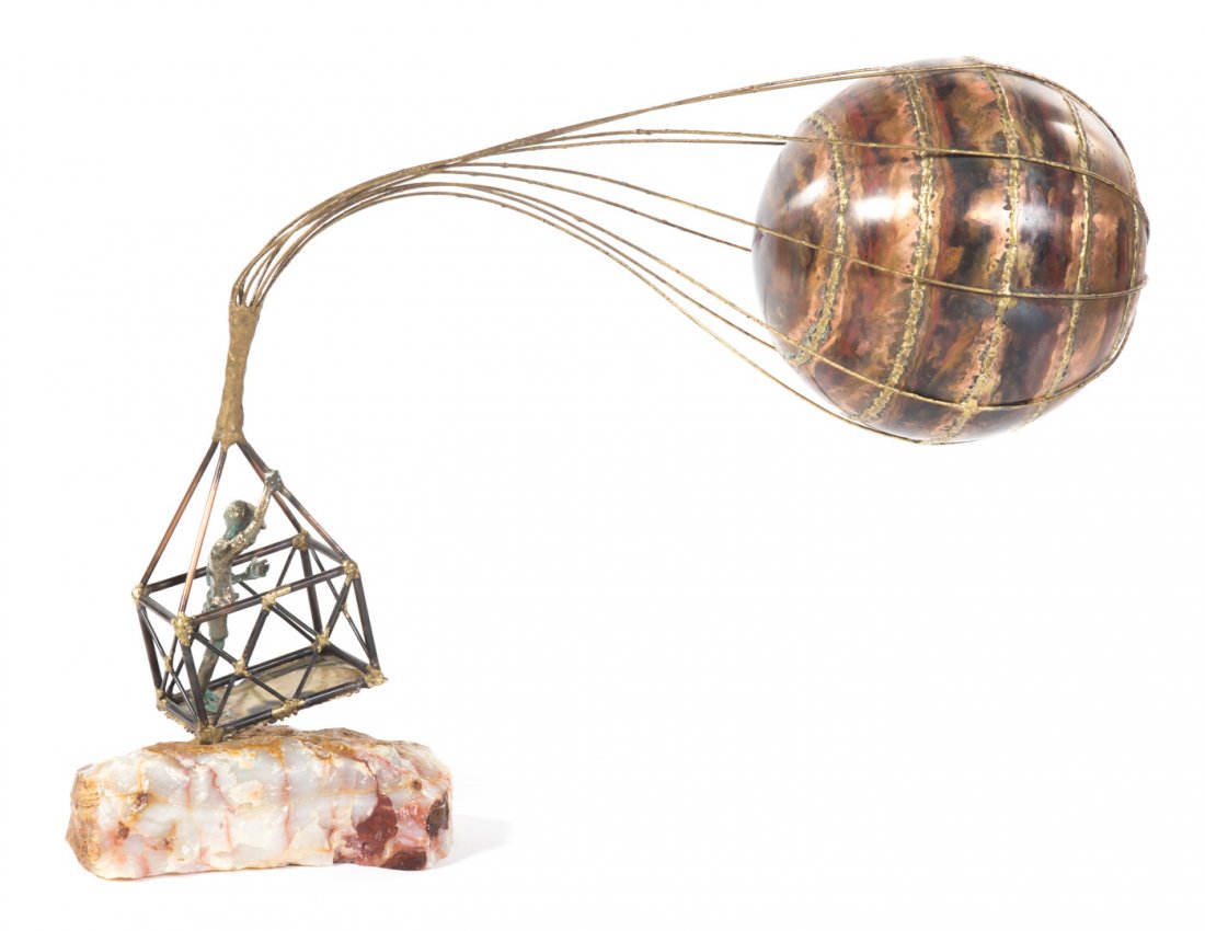 Brian Bijan. Ballooning mixed metal sculpture: 20th century; hot air balloon with basket and passenger, mounted on quartz base, with Bijan arts, brass tag, 88/250, 39 in. H.