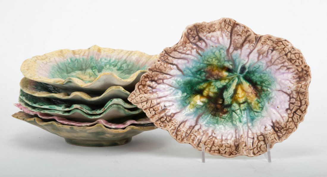 Twelve English majolica leaf-form dishes (1 of 3)