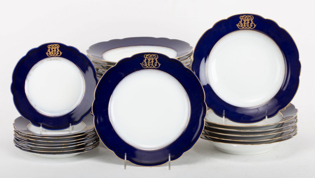 Continental cobalt-banded porcelain dinner service (1 of 3)