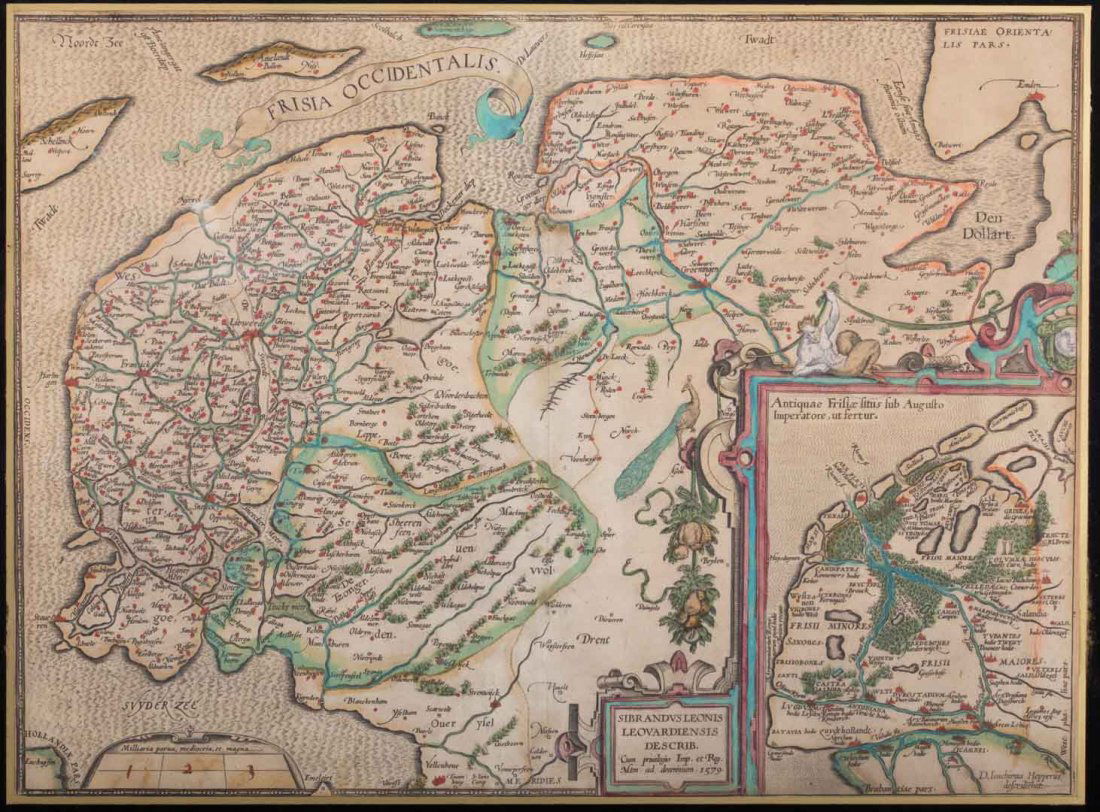 Map-Frisia Occidentalis-Netherlands: Circa 1579; Size 15 x 19 in.(Map) Hand Colored, Framed