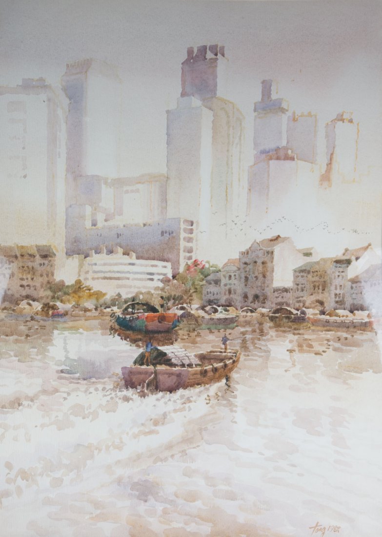 Tong Chin Sye. "Morning Song," watercolor on paper: (Taiwanese, b. 1939). Signed and dated "tong, 1982" lr, sight size: 28 1/4 x 20 1/4 in., framed
