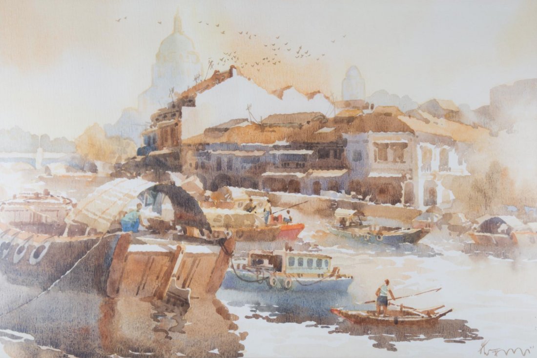 Low Puay Hua. "Morning," watercolor on paper: (Taiwanese, b. 1936). Signed lr, titled on verso, 14 1/4 x 21 in., framed