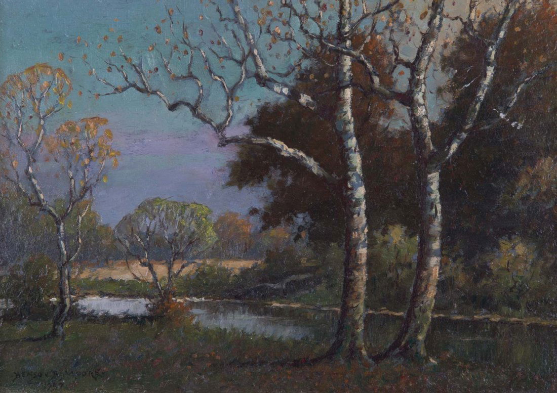 Benson Moore. "A Maryland Stream," oil on board: Benson Bond Moore (American, 1882-1974). Signed "Benson B. Moore" ll, titled "A Maryland Stream-near Beltsville, MD, 10 x 14 in., framed