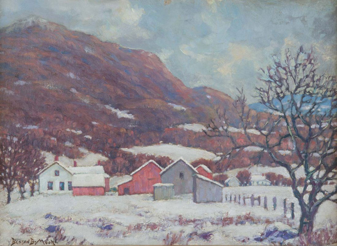 Benson B. Moore. Winter Landscape, oil on board: Benson Bond Moore (American, 1882-1974). Signed "Benson B. Moore" ll, 11 3/4 x 16 in., framed