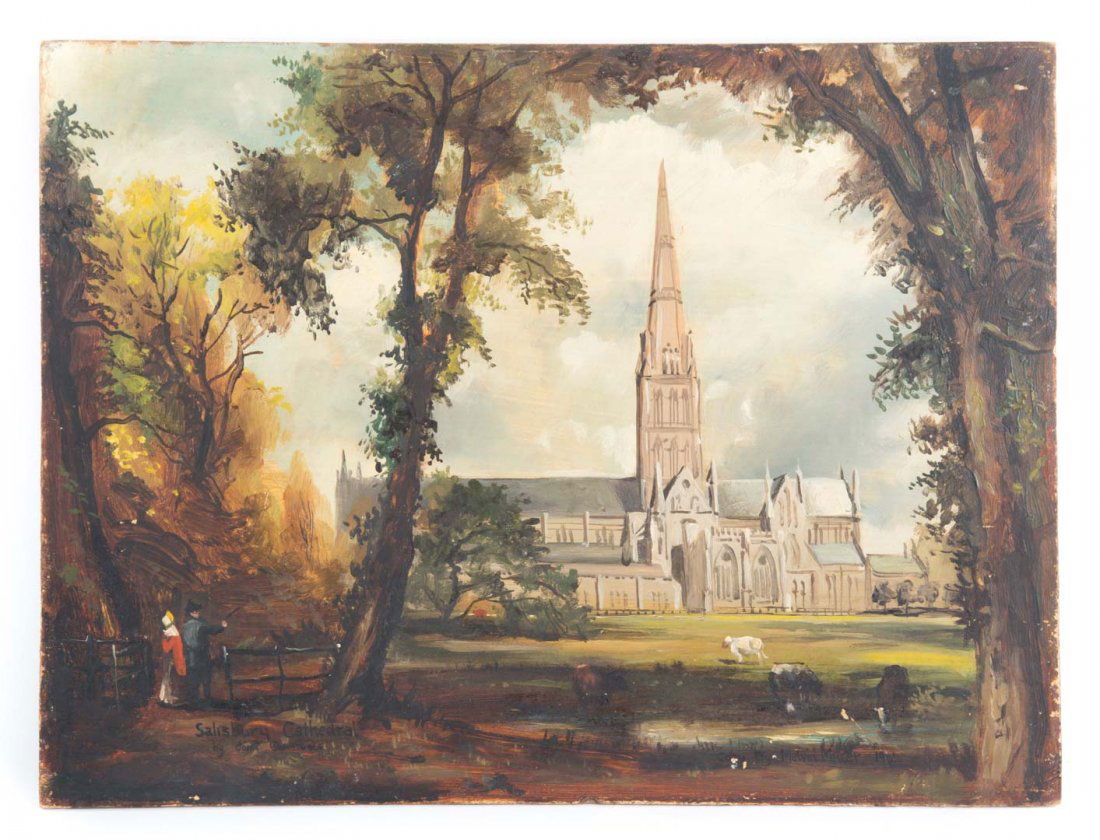 Melvin Miller. Salisbury Cathedral, oil on board: Melvin Orville Miller Jr. (American, 1937-2007). After John Constable, signed and dated "Melvin Miller 1961" lr, 9 x 12 in., unframed