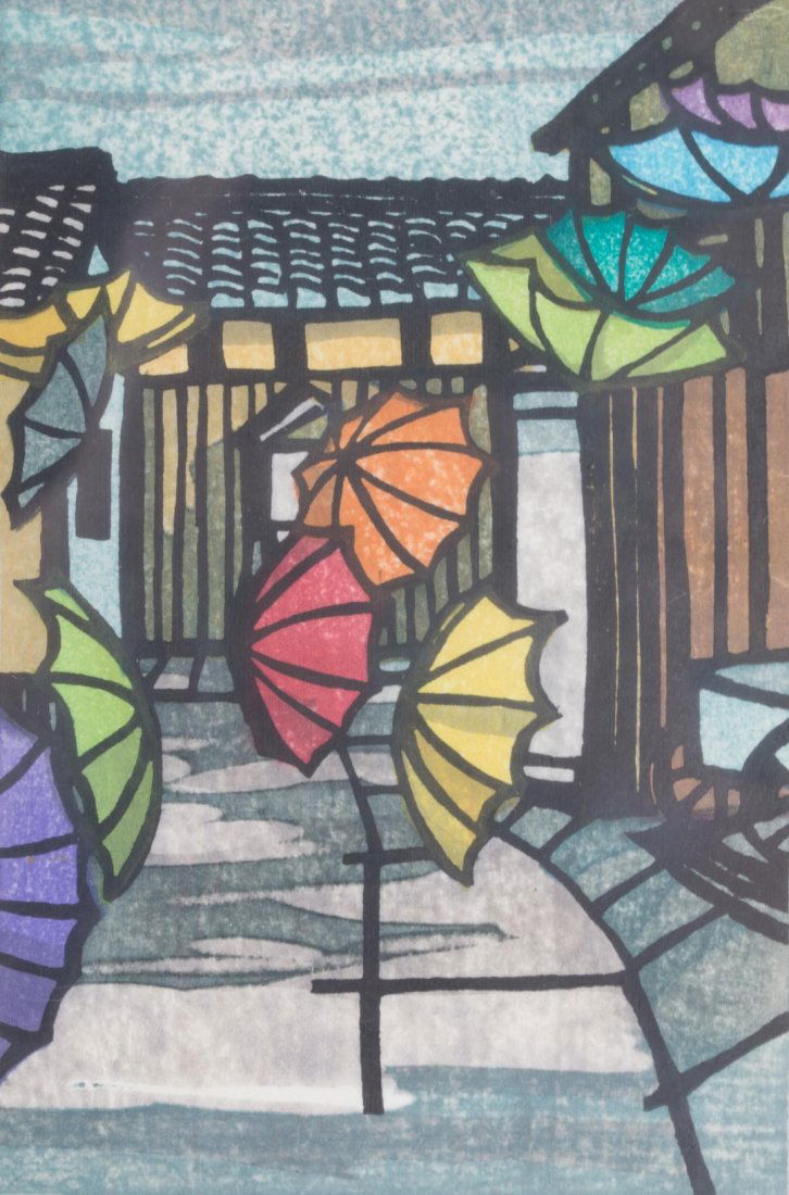 Clifton Karhu. "Umbrellas I", color woodblock: (American, 1927-2007). Ed. 66/150 ll, signed and dated "C Karhu '65" lr, image size: 5 1/2 x 3 3/4 in., framed. The Tomlinson Collection, Inc. Baltimore, MD label on verso