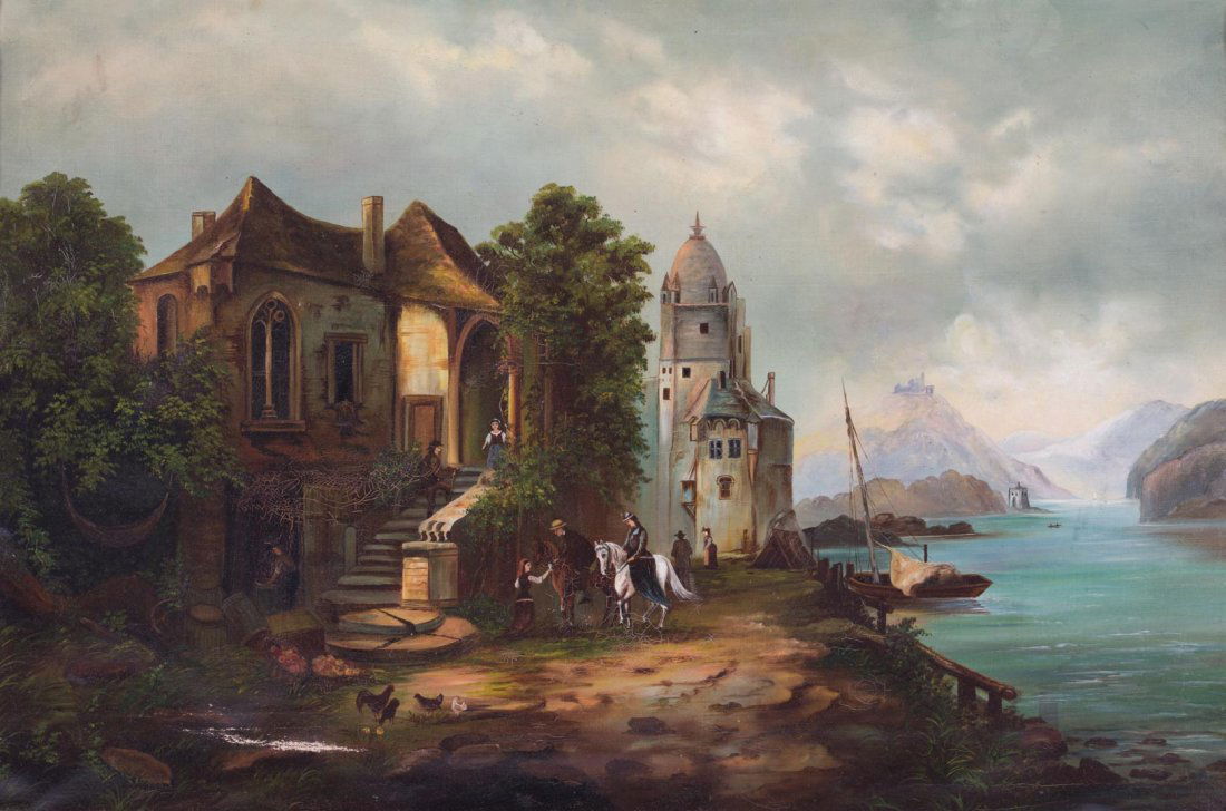 Continental School, 19th c. Seaside Village, oil (1 of 4)