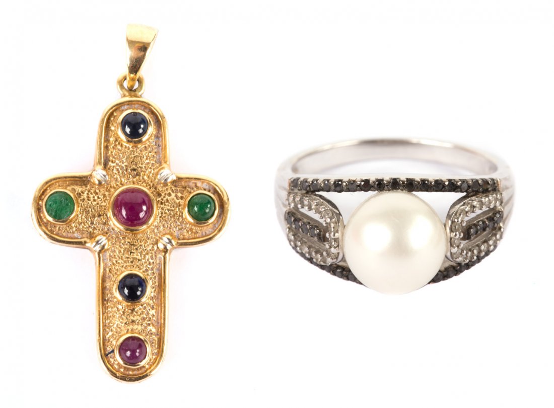 A Gold Cross and A Black Diamond and Pearl Ring (1 of 6)