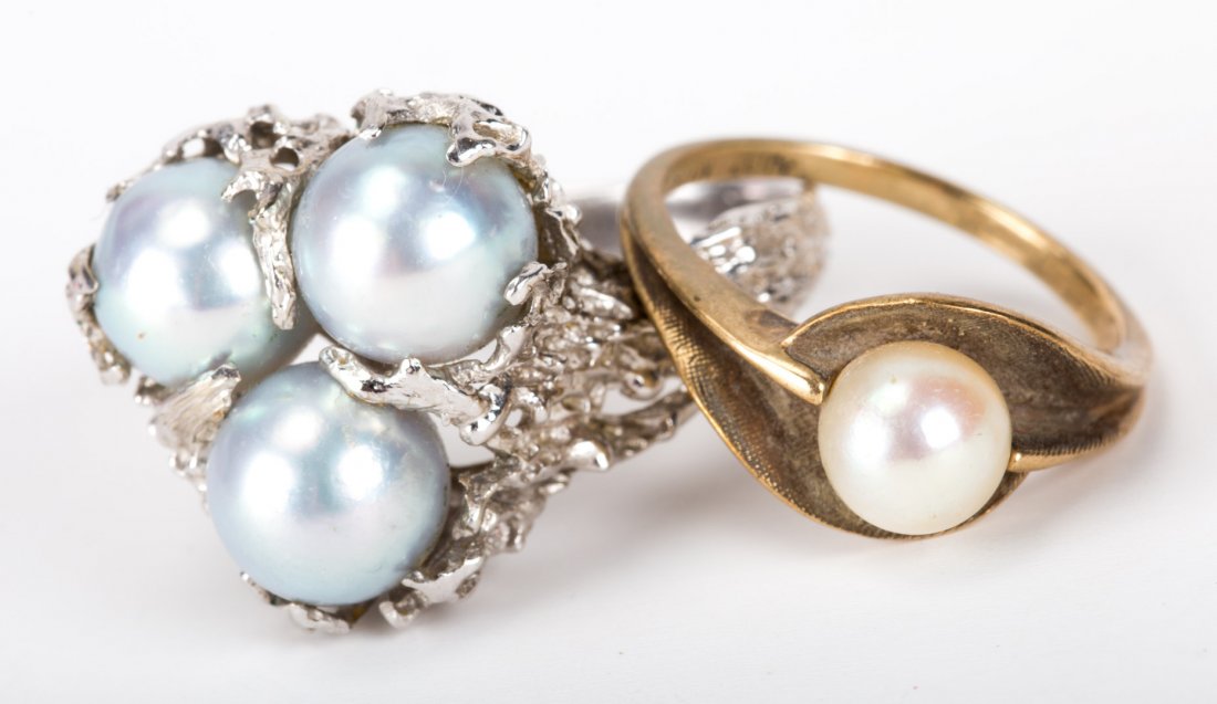 A Pair of Lady's Pearl and Gold Rings (1 of 4)