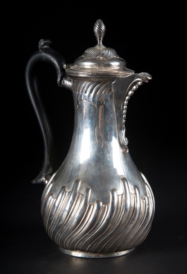 Victorian sterling silver after dinner coffee pot: Charles Stuart Harris, London, circa 1880, with ebonized wood handle, 8 1/2 in. H., 15.20 ozt