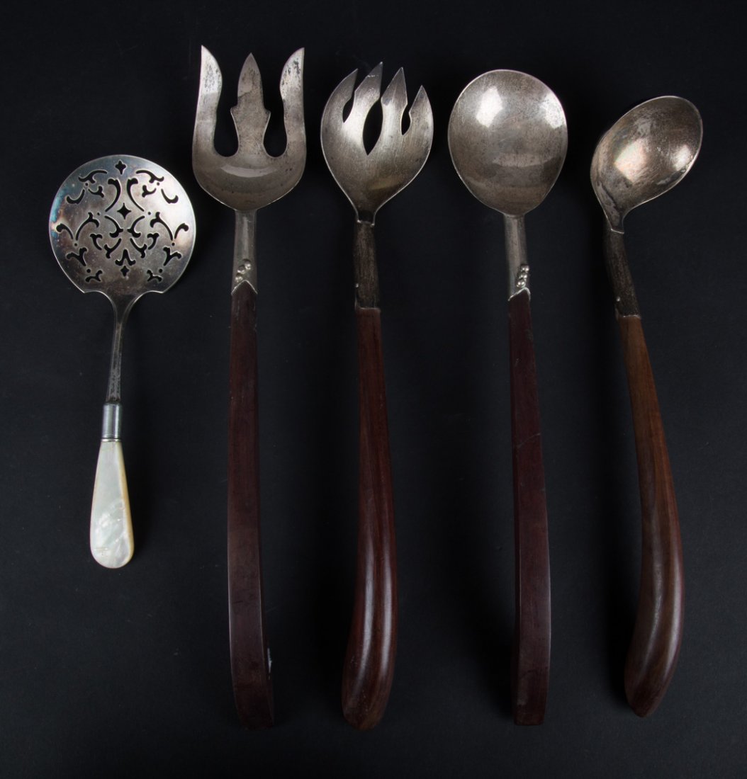 Two modernistic sterling salad sets wood handles (1 of 5)