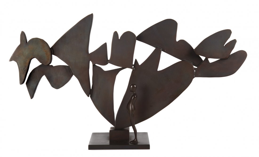 Ernest Trova. Falling Man #16, sculpture: (American, 1927-2009). Abstract sculpture, with bronze figure in bronze-plated steel landscape, 13 1/2 in. H., 24 in. W.