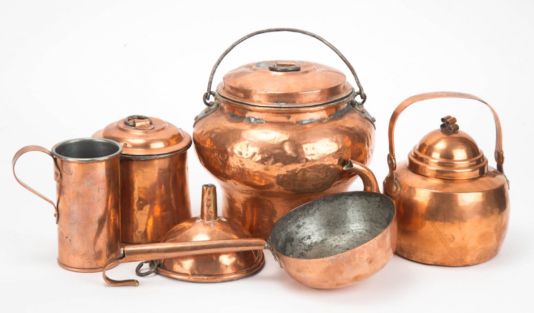 Six pieces of antique kitchen copperware: 19th century and later; includes: wine funnel, water dipper, Swedish teapot, 2 covered containers with swing handles and measure, 8 in. H. of tallest
