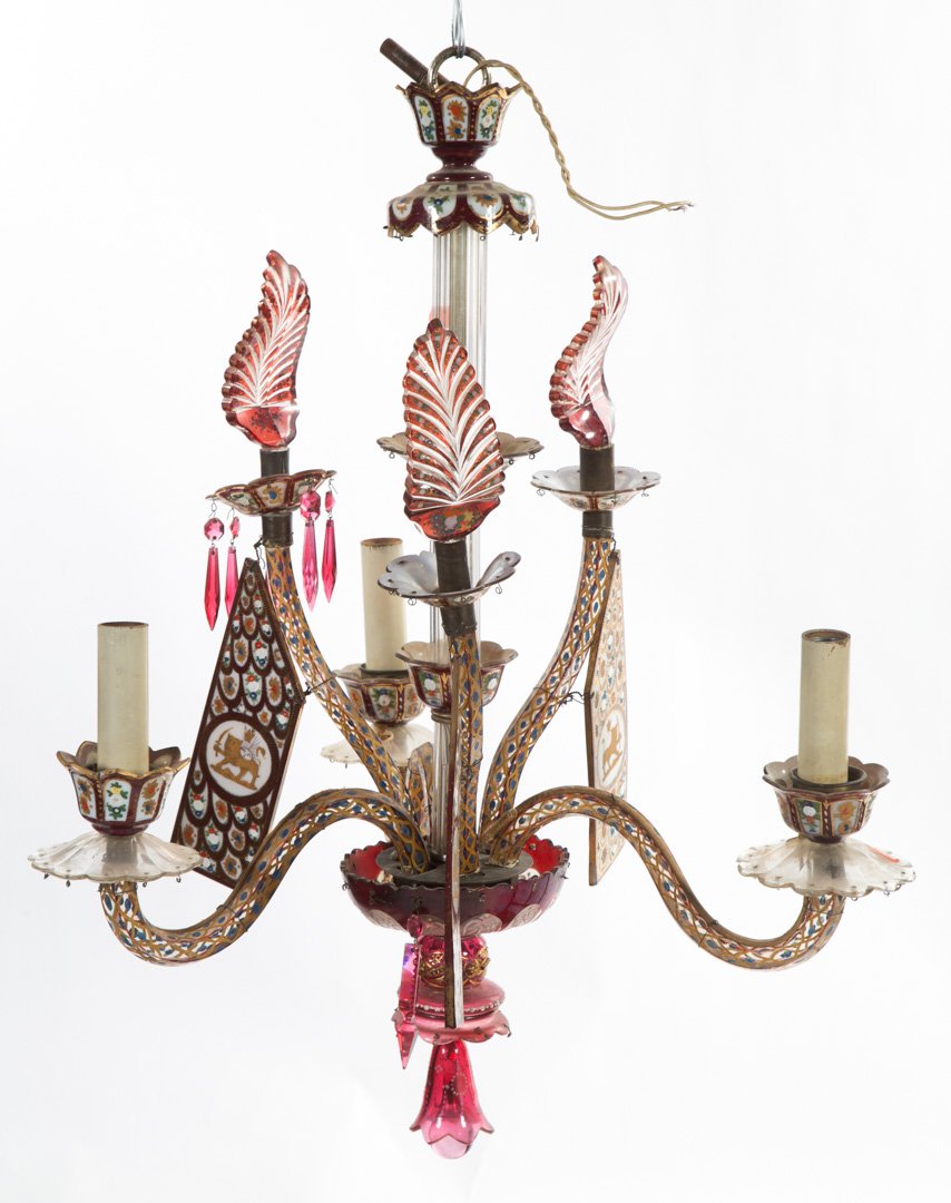 Bohemian cranberry glass three-light chandelier (1 of 6)